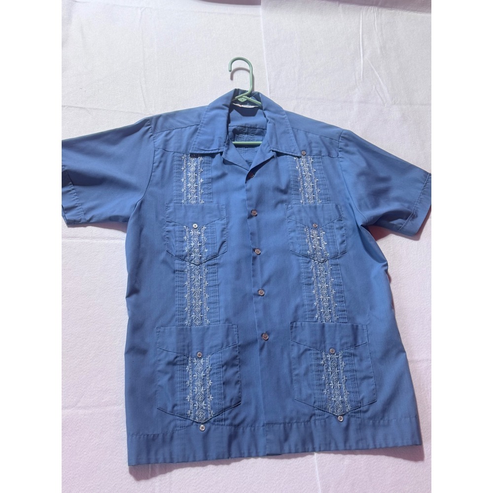 Romani Collection Blue Guayabera Shirt Mens Large Short Sleeve Embroidered Cuba